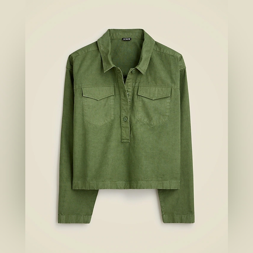 Olive Green Linen Cropped Shirt